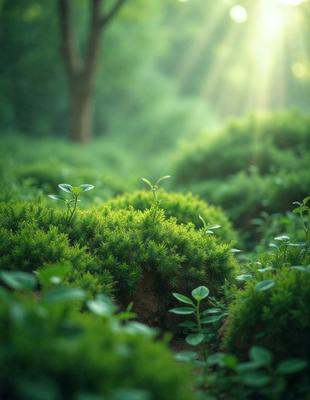 The primary subject of the image is a lush green forest filled with trees and plants. The setting is a sunny day, with sunlight streaming through the trees and illuminating the forest. The visual style is a photo of a natural environment, capturing the beauty of the forest. The colors and mood are vibrant and serene, with the green plants and sunlight creating a sense of tranquility and harmony with nature.